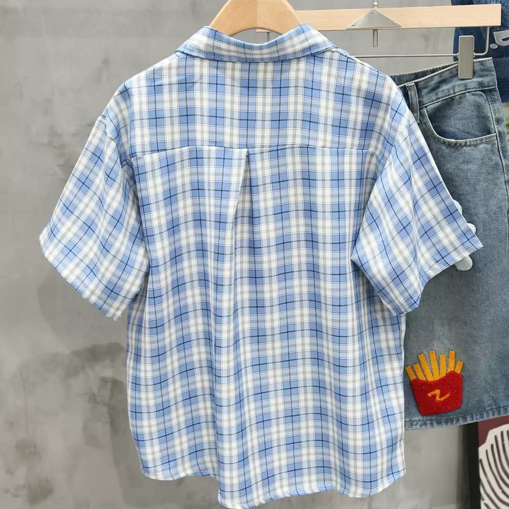 Blue Plaid Cartoon Embroidered Shirt - Picture 4 of 4